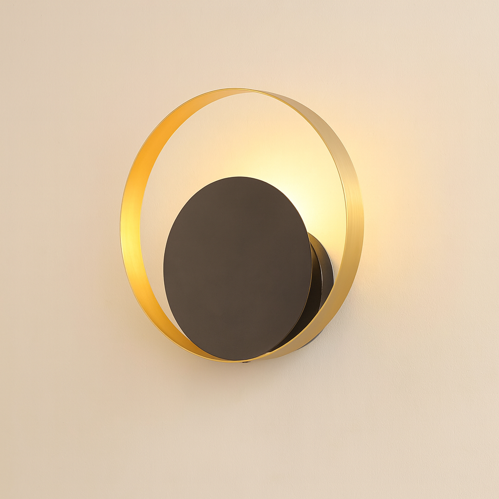 Round Vintage Black and Gold Metal LED Wall Light | Wallora