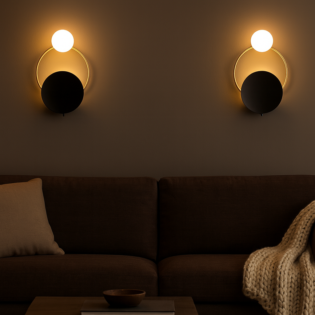 Round Vintage Black and Gold Metal LED Wall Light | Wallora
