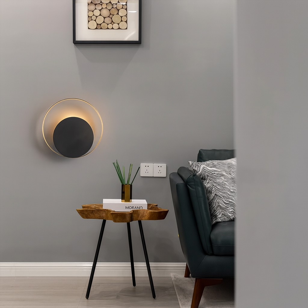 Round Vintage Black and Gold Metal LED Wall Light | Wallora