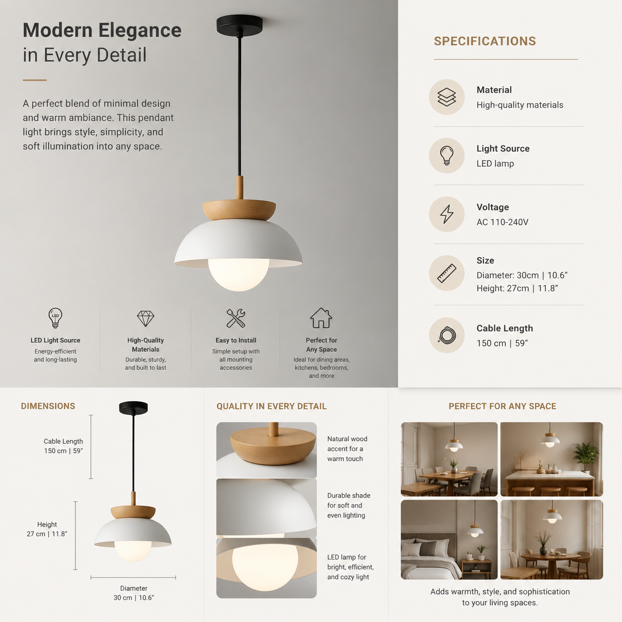 Scandinavian Pendant Light  Modern Hanging Lamp for Kitchen, Dining and Living Room