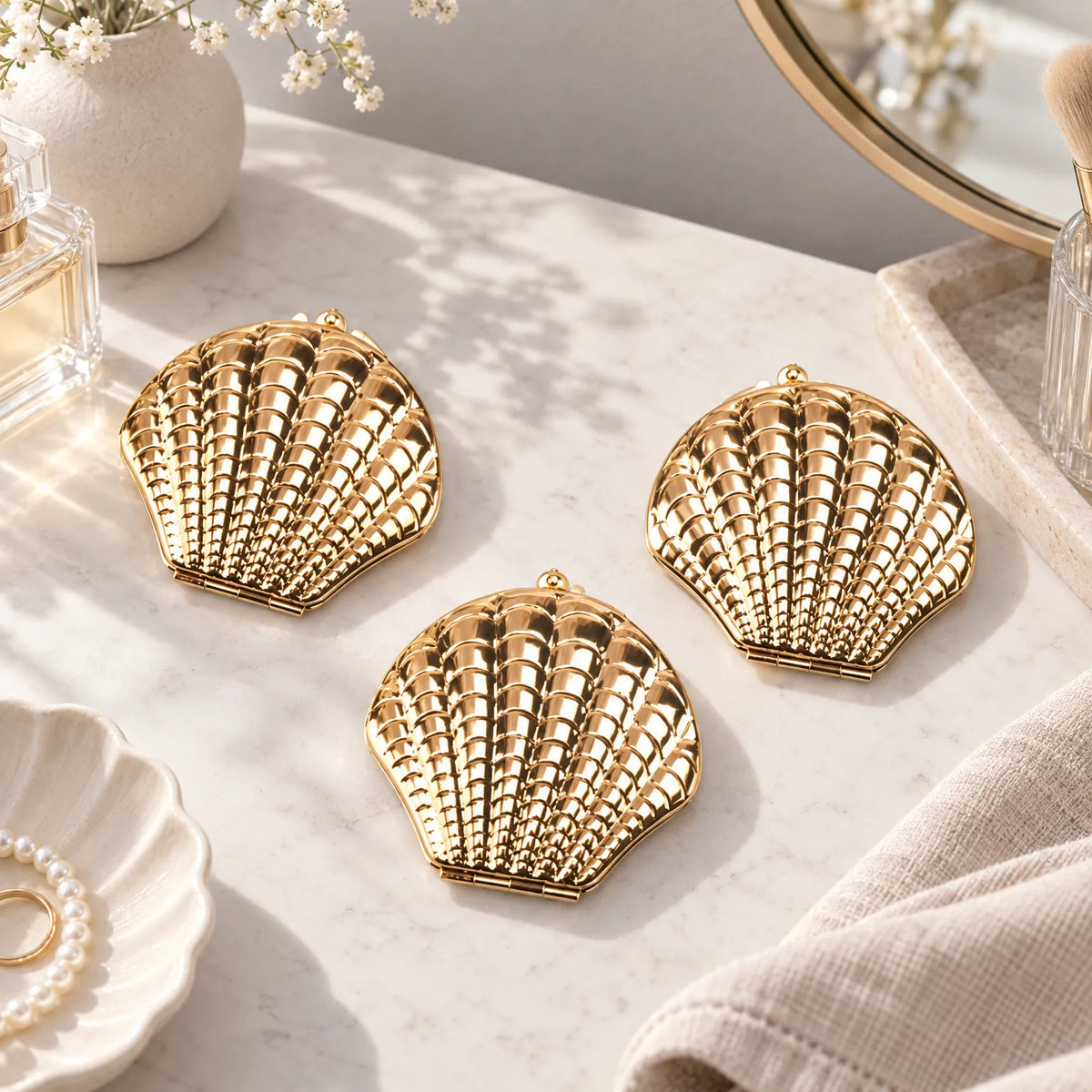 Shell Shaped Vanity Mirror with Compact Folding Design
