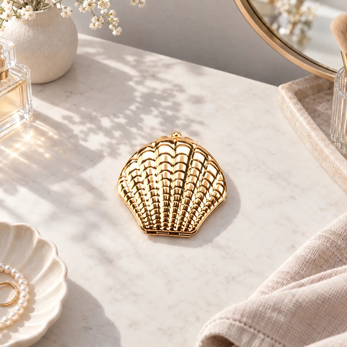 Shell Shaped Vanity Mirror with Compact Folding Design