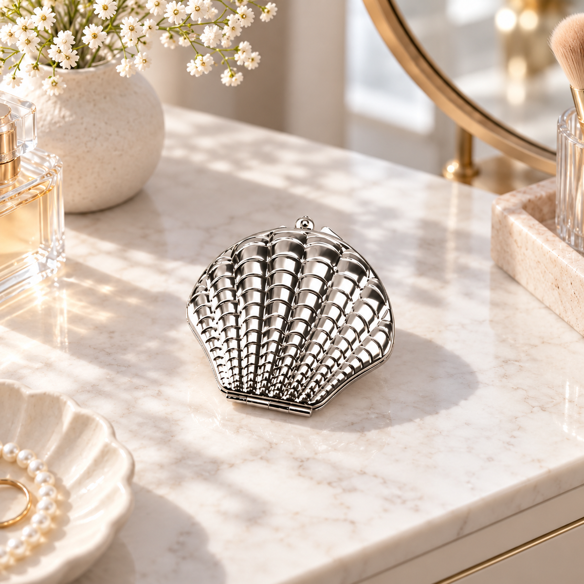 Shell Shaped Vanity Mirror with Compact Folding Design