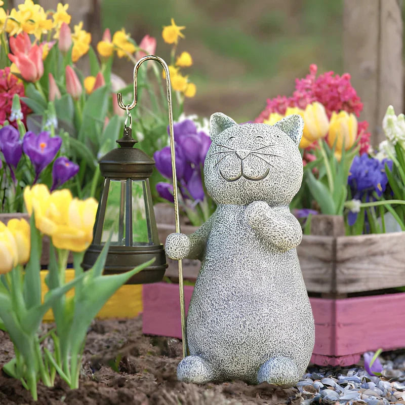 Solar Cat Garden Statue with LED Lantern Light Decor | Zenvra