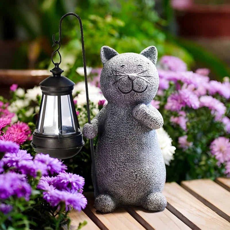 Solar Cat Garden Statue with LED Lantern Light Decor | Zenvra
