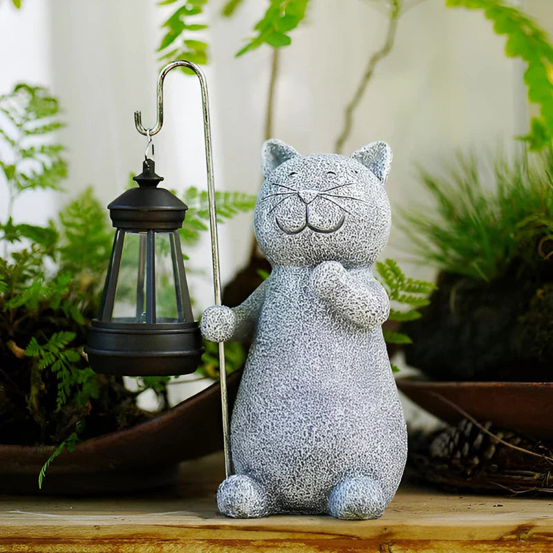 Solar Cat Garden Statue with LED Lantern Light Decor | Zenvra