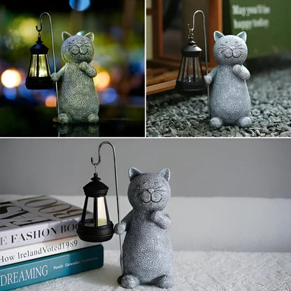 Solar Cat Garden Statue with LED Lantern Light Decor | Zenvra