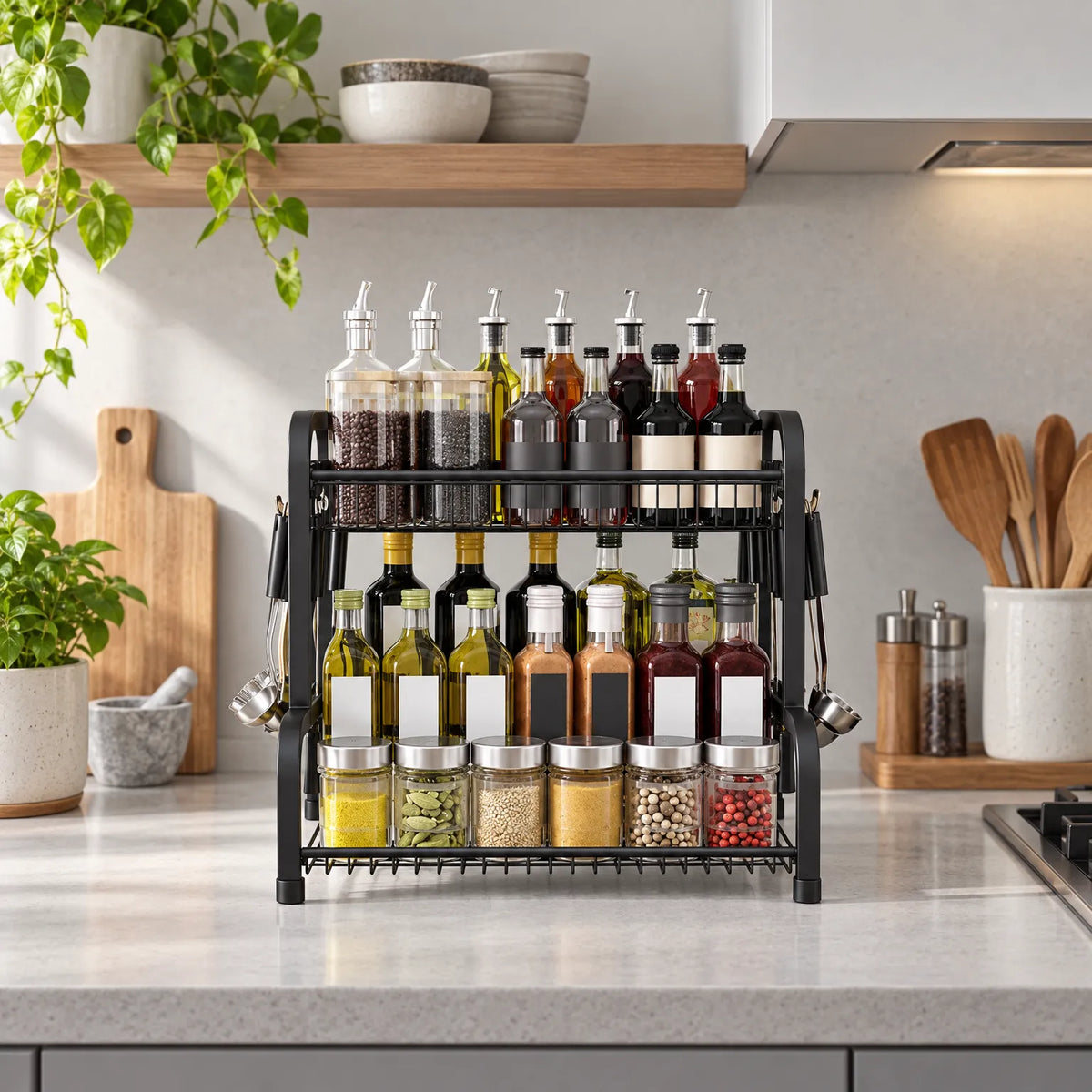Spice Rack Two Tier Metal Organizer with Hanging Hooks