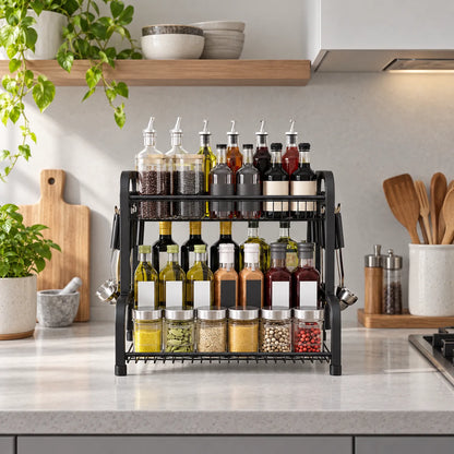 Spice Rack Two Tier Metal Organizer with Hanging Hooks