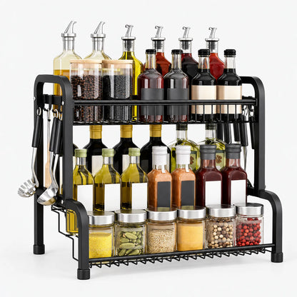 Spice Rack Two Tier Metal Organizer with Hanging Hooks