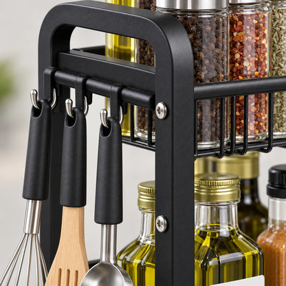 Spice Rack Two Tier Metal Organizer with Hanging Hooks