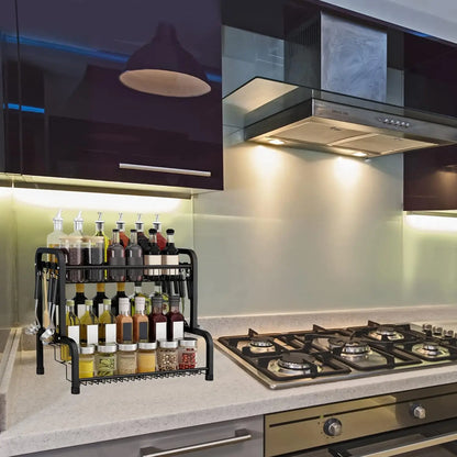 Spice Rack Two Tier Metal Organizer with Hanging Hooks