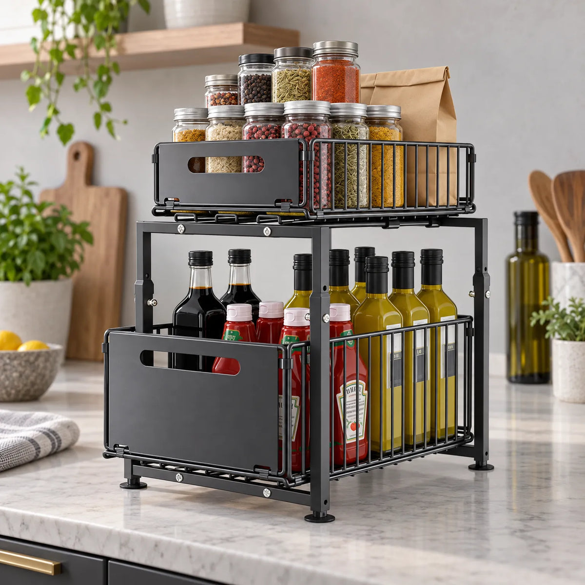Spice Rack Two Tier Pull Out Organizer with Sliding Baskets