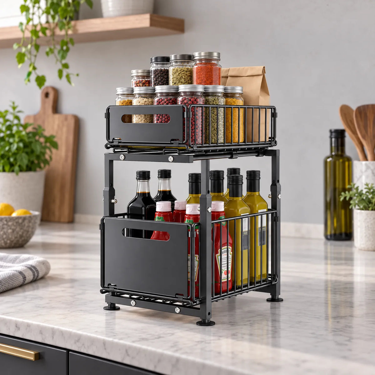 Spice Rack Two Tier Pull Out Organizer with Sliding Baskets