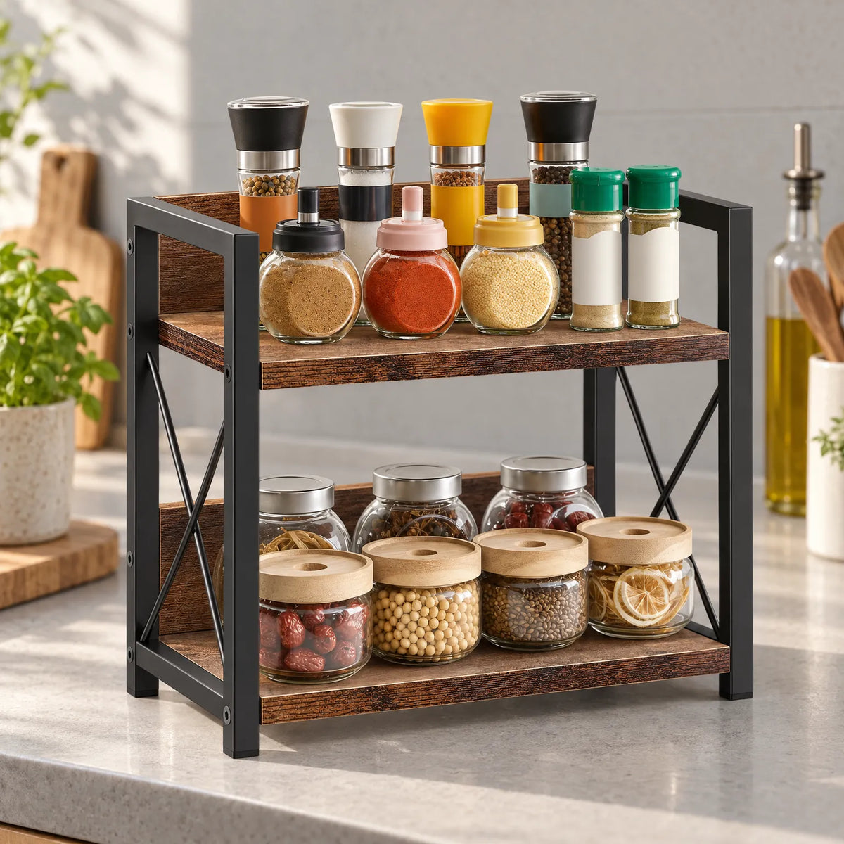 Spice Rack Two Tier Wood and Metal Kitchen Organizer
