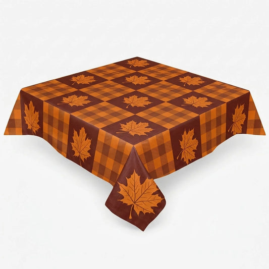 Tablecloth for Fall Thanksgiving with Plaid and Autumn Leaves