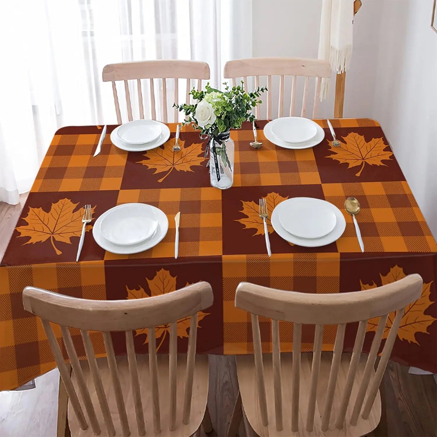Tablecloth for Fall Thanksgiving with Plaid and Autumn Leaves