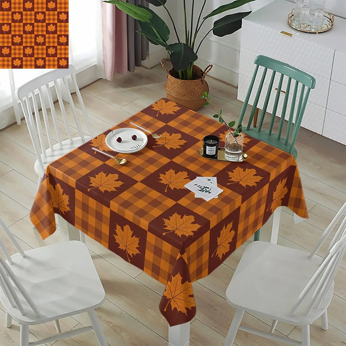 Tablecloth for Fall Thanksgiving with Plaid and Autumn Leaves
