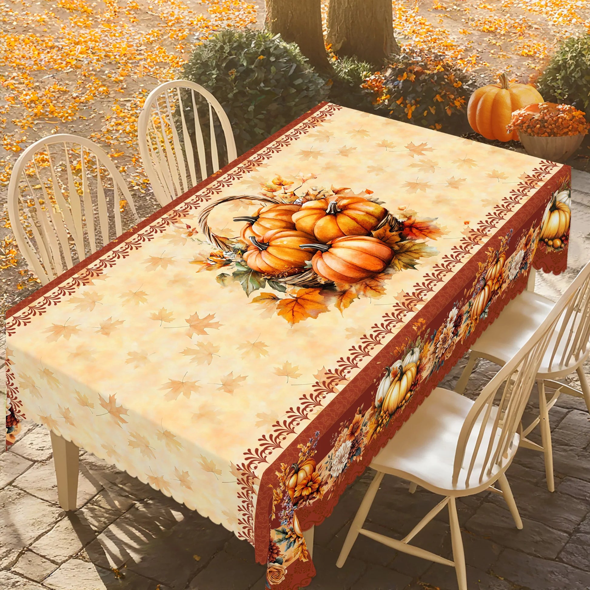Tablecloth for Fall Thanksgiving with Pumpkin and Autumn Leaves