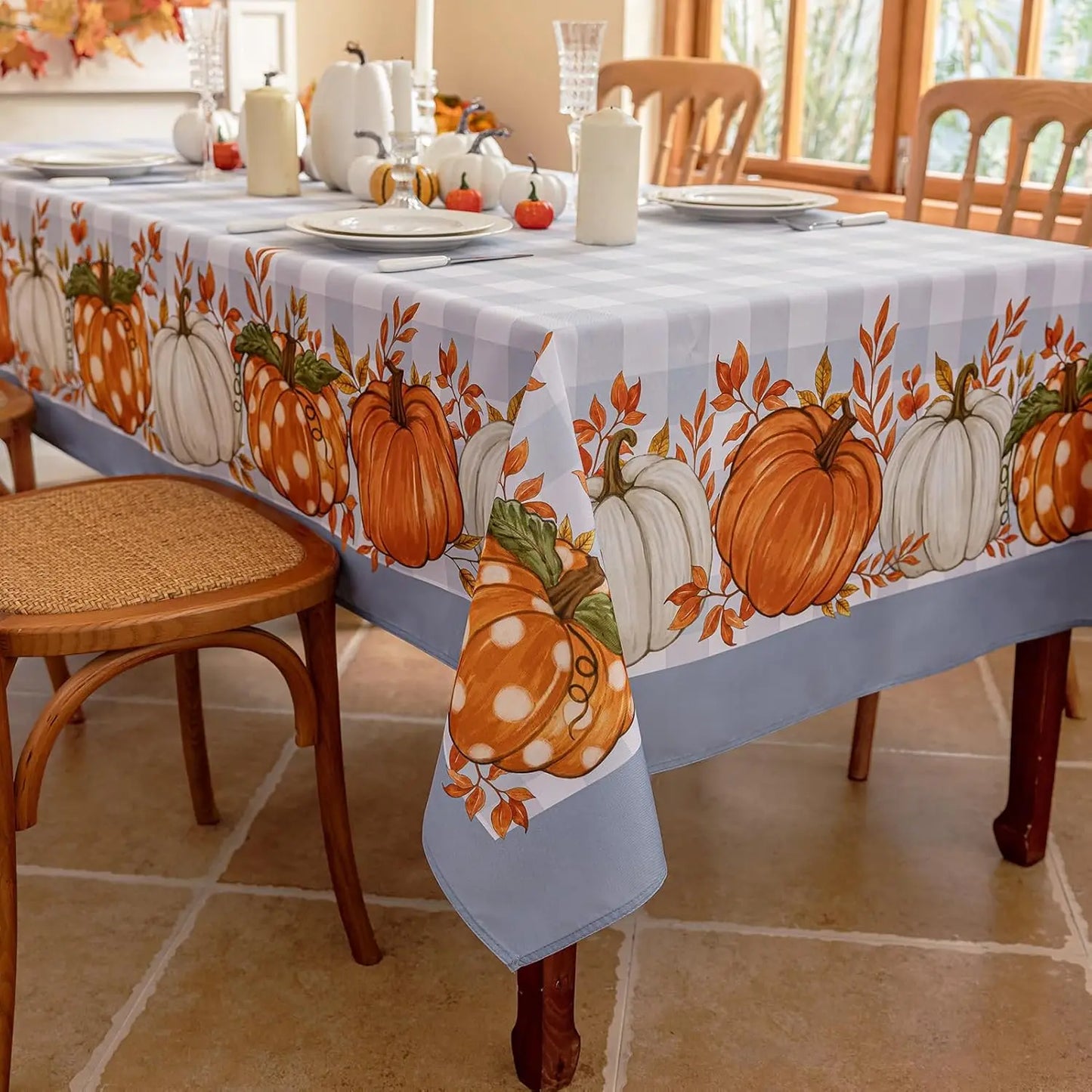Tablecloth for Fall Thanksgiving with Pumpkin and Buffalo Plaid