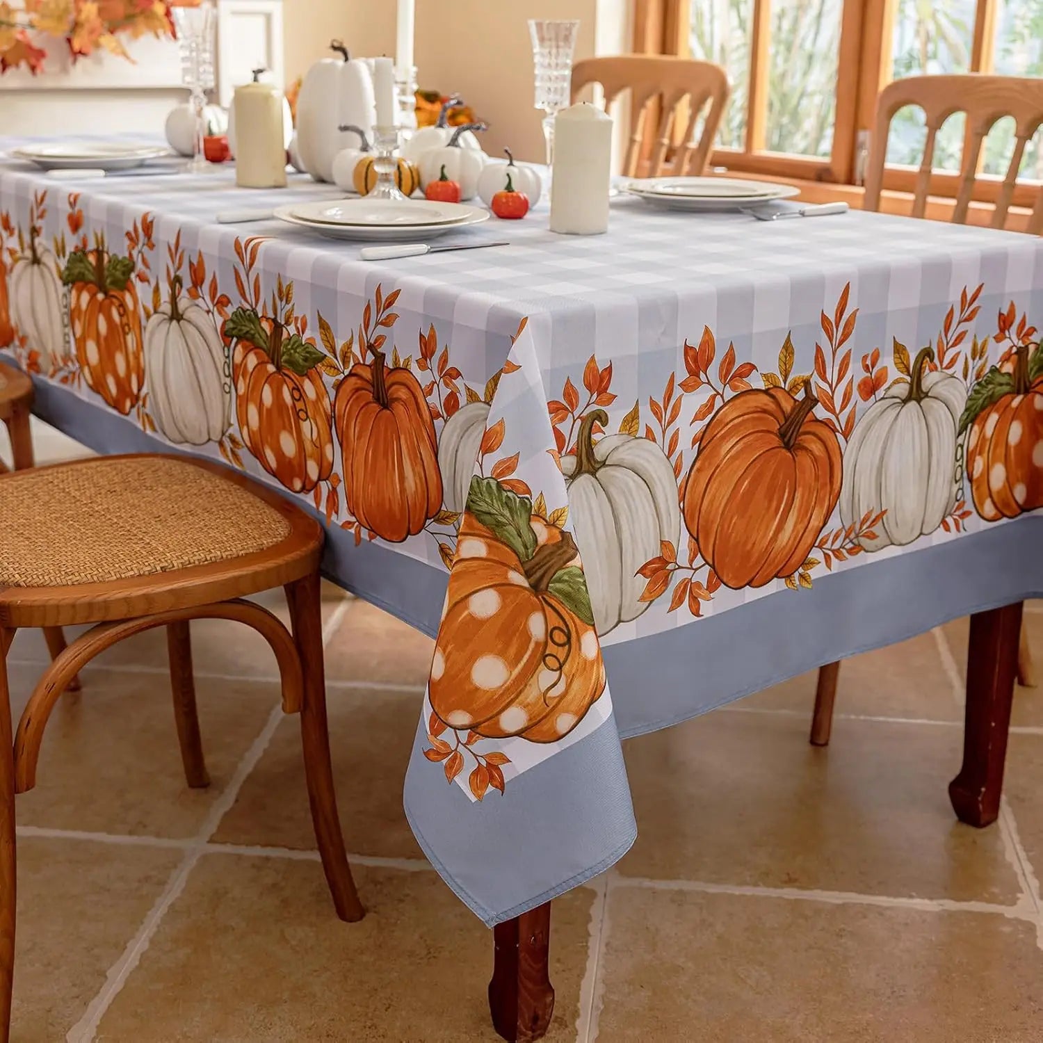Tablecloth for Fall Thanksgiving with Pumpkin and Buffalo Plaid
