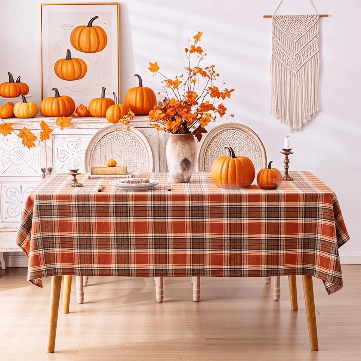 Tablecloth for Fall Thanksgiving with Red Plaid Design