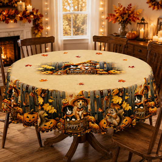 Thanksgiving Tablecloth with Fall Pumpkins and Autumn Leaves