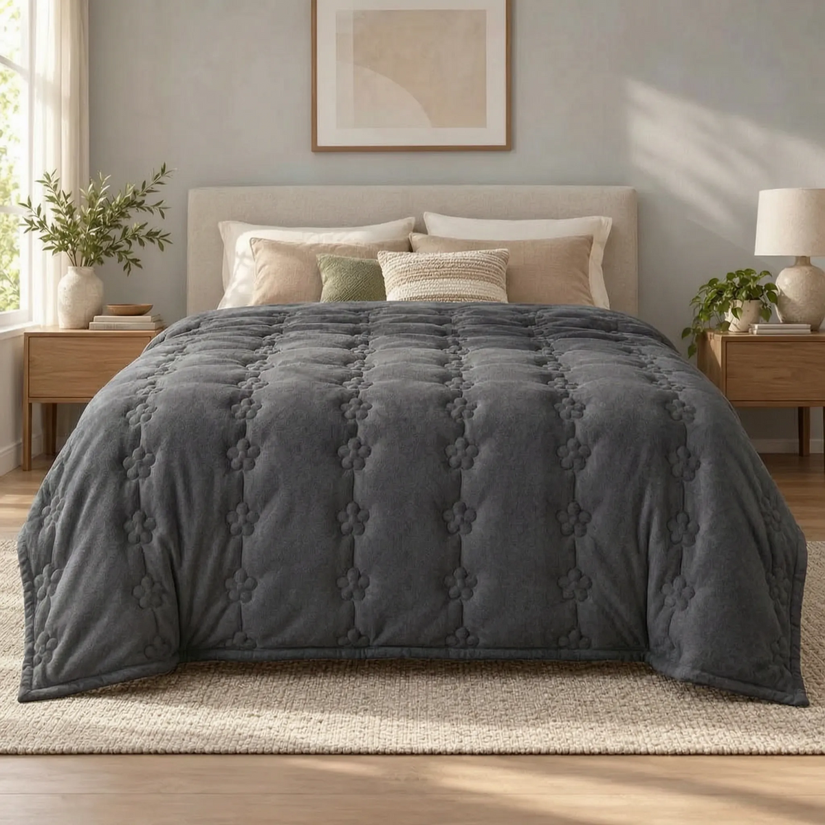 Thick Plush Comforter with Quilted Floral Design