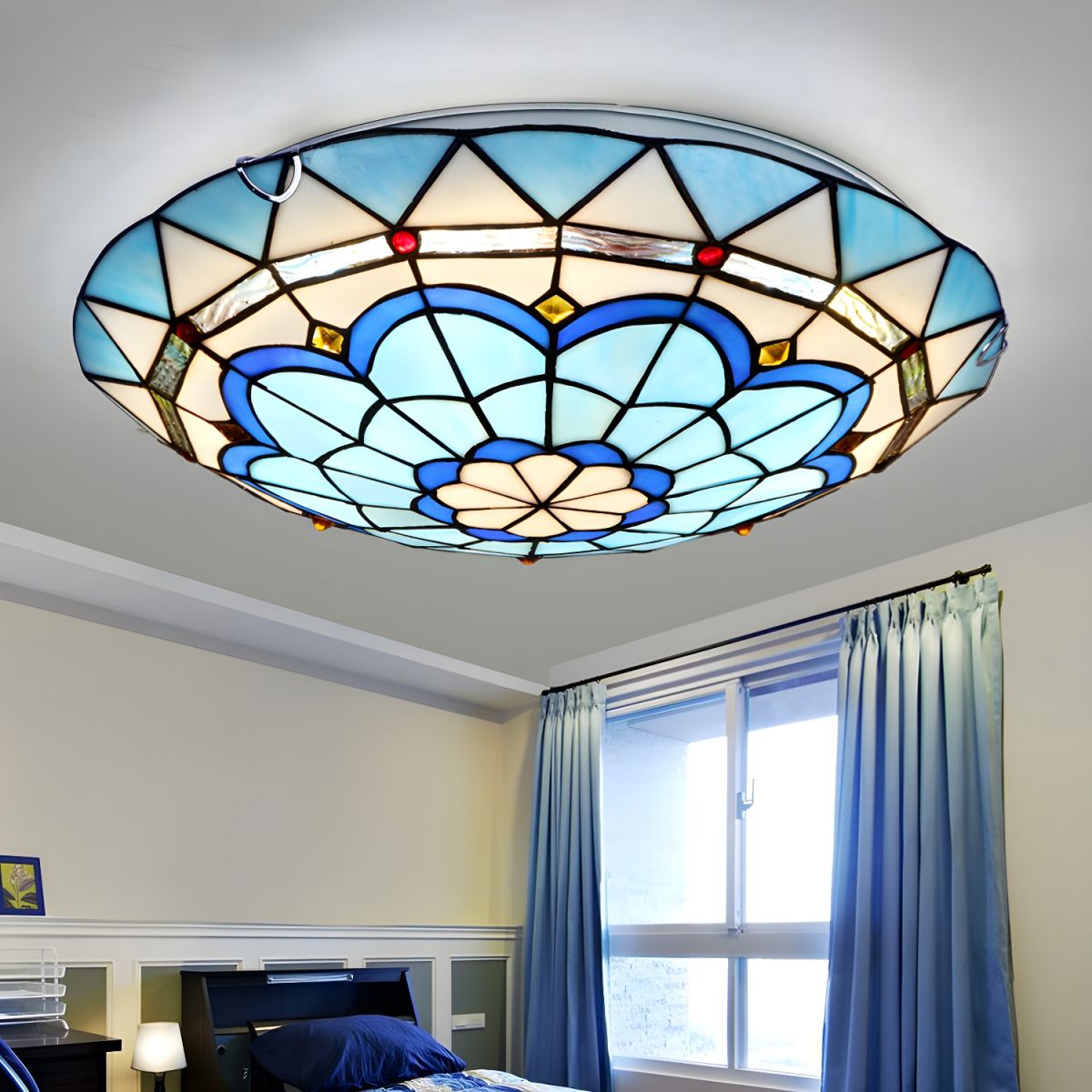 Tiffany Glass Flush Mount Ceiling Light in Blue | Avenar