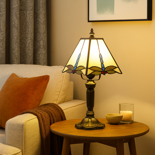 Tiffany Style Glass Table Lamp with Dragonfly Pattern Cream | Lumriel