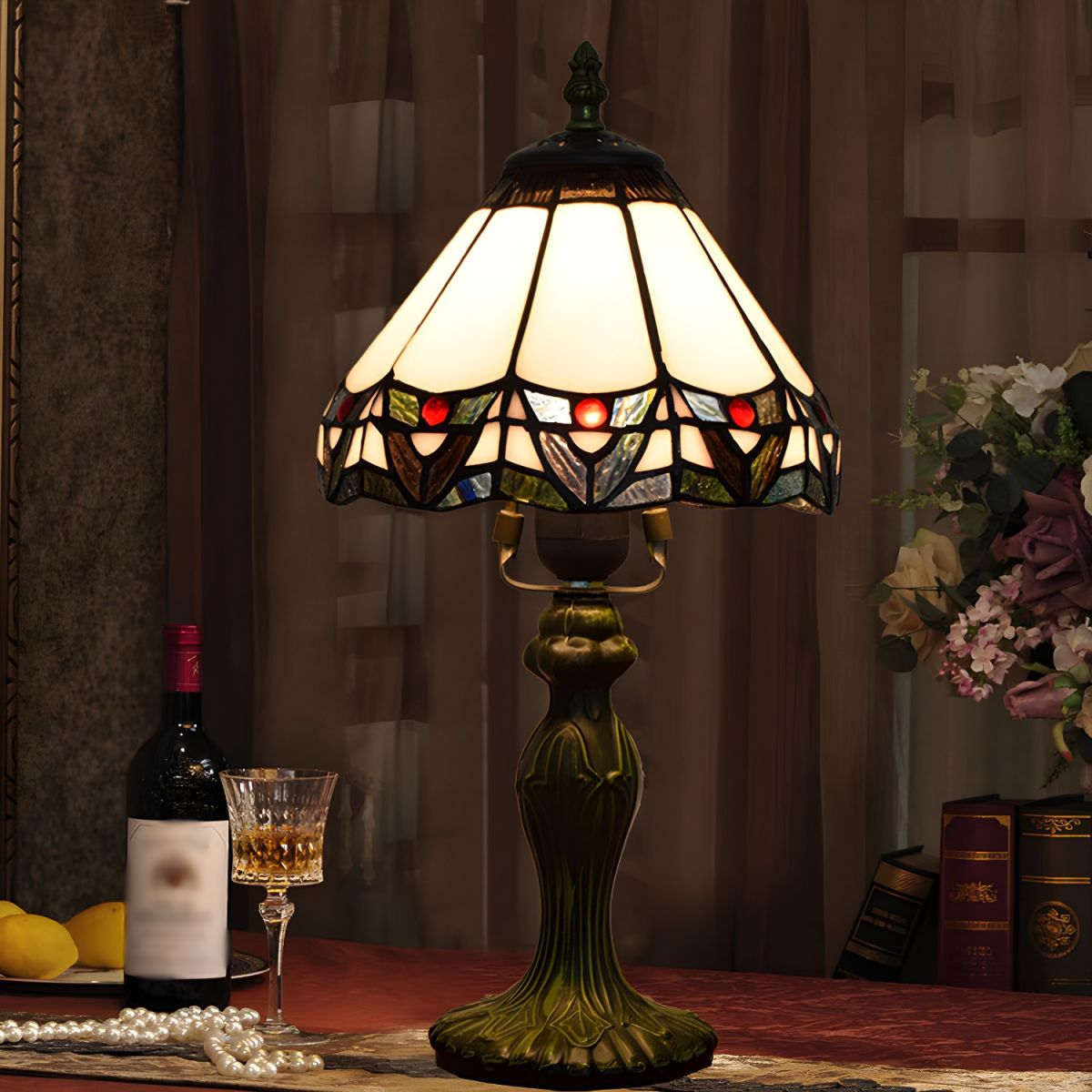 Tiffany Style Table Lamp with Conical Stained Glass Shade | Kalvino