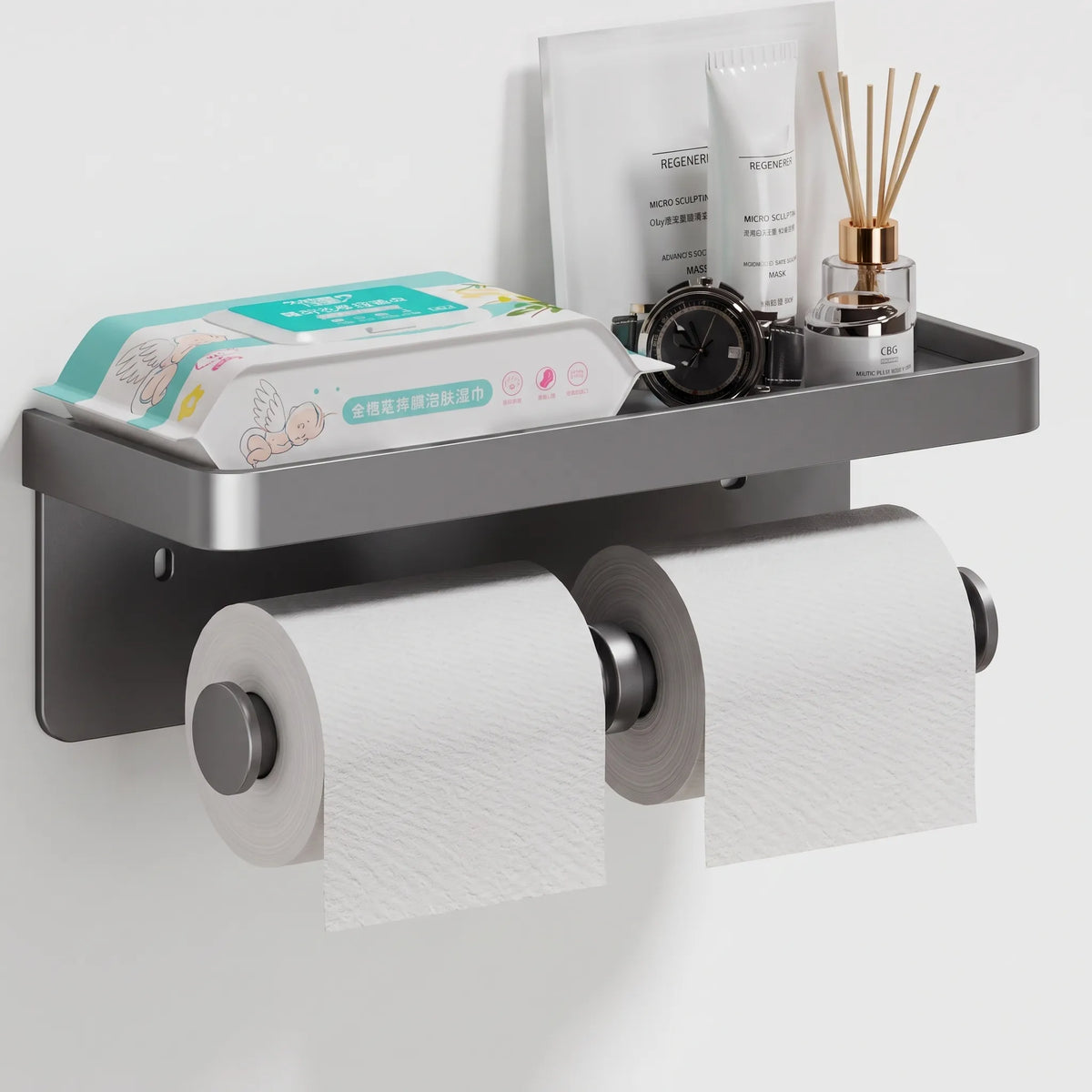 Toilet Paper Holder Wall Mounted Double Roll with Shelf