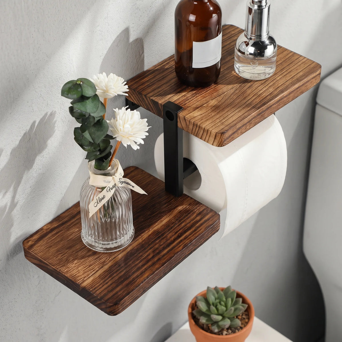 Toilet Paper Holder with Dual Wooden Storage Shelves