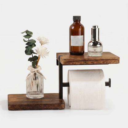 Toilet Paper Holder with Dual Wooden Storage Shelves