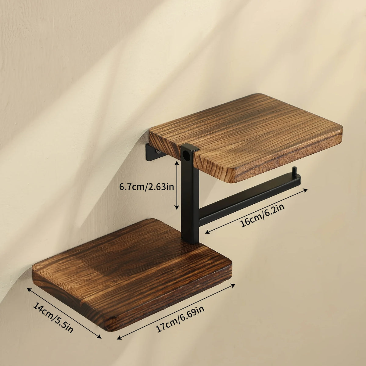 Toilet Paper Holder with Dual Wooden Storage Shelves