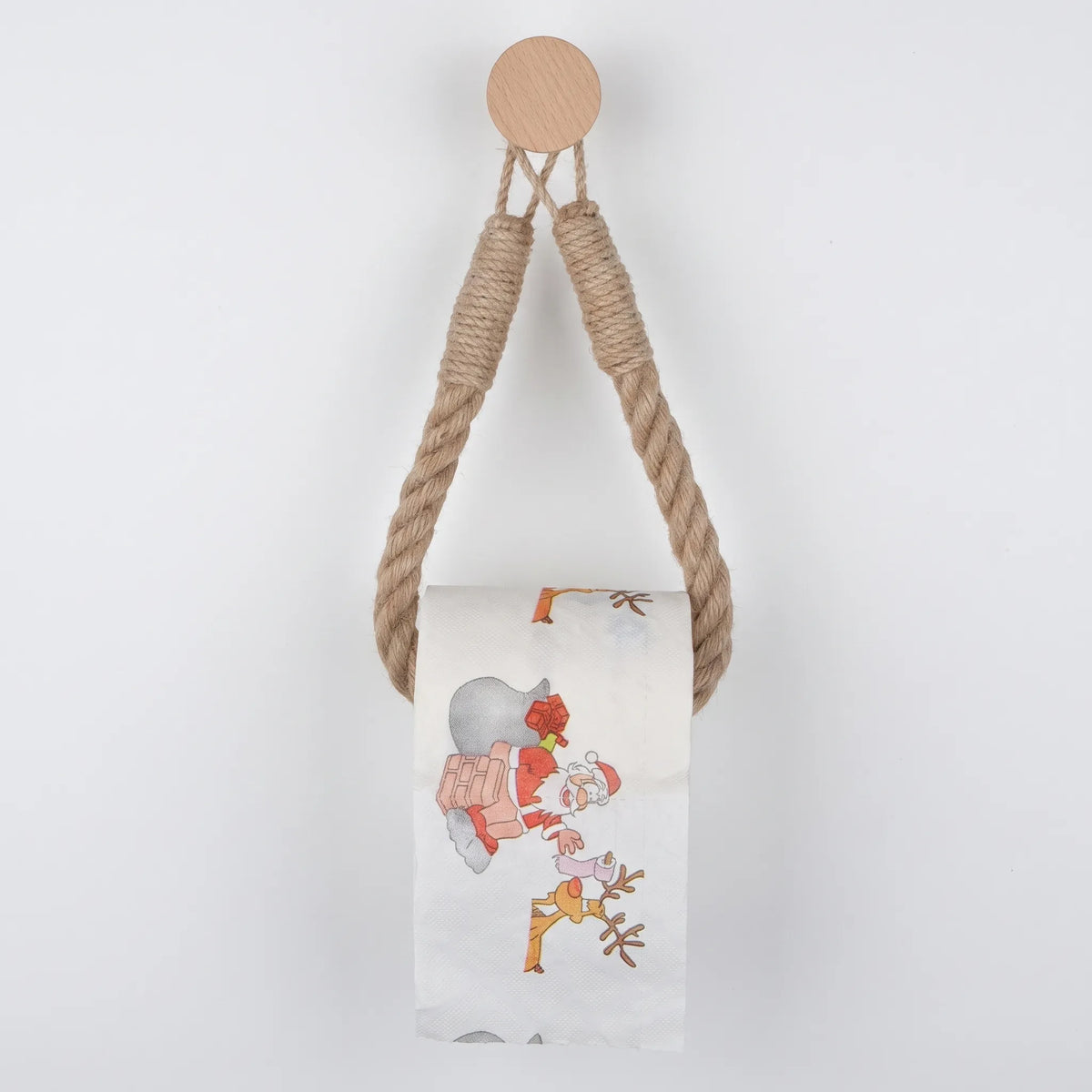 Toilet Paper Holder with Rope Loop and Wooden Wall Mount