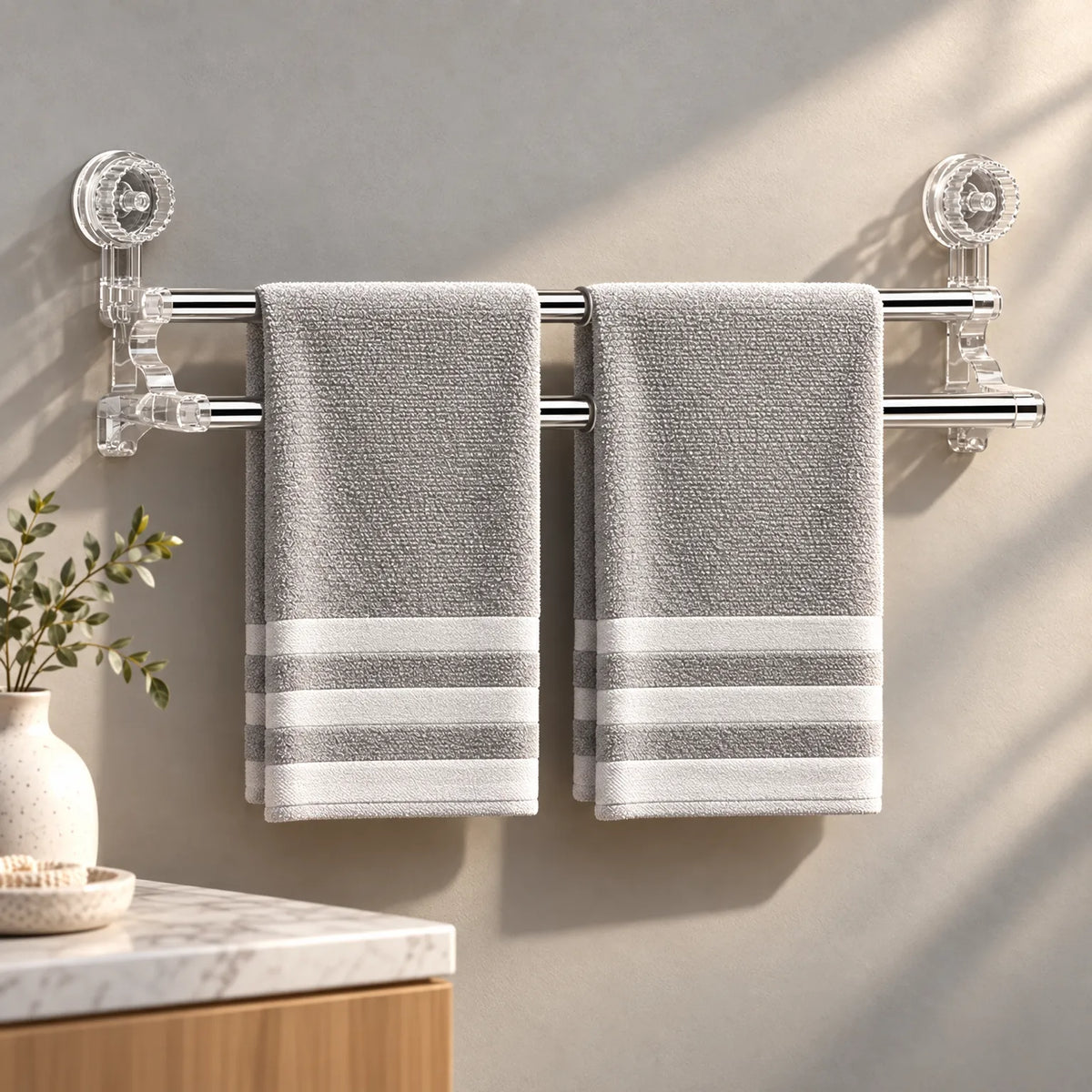 Towel Bar with Adjustable Suction Cups and Retractable Wall Mount Design