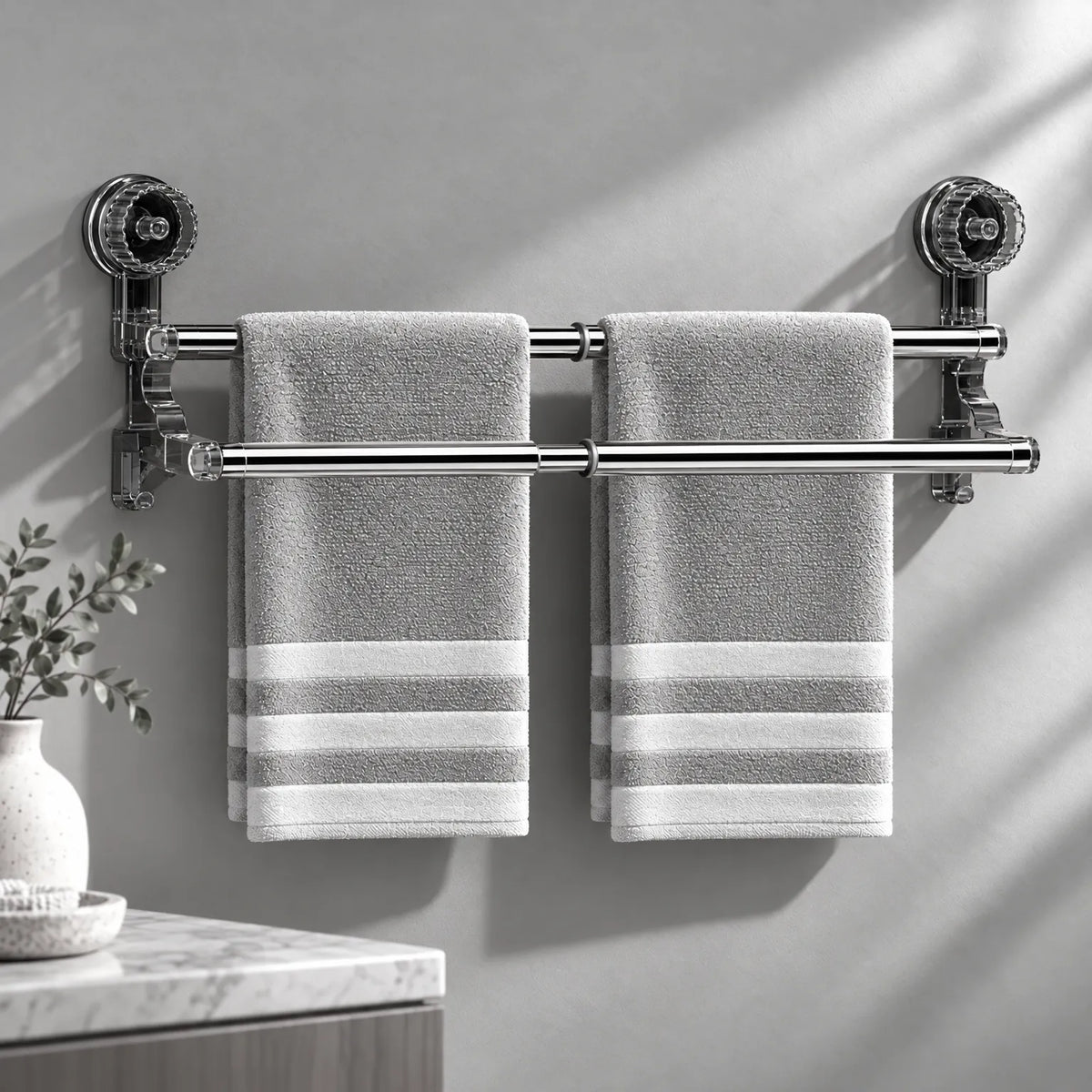 Towel Bar with Adjustable Suction Cups and Retractable Wall Mount Design