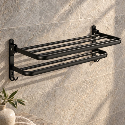 Towel Rack with Folding Shelf Double Bars and Integrated Hanging Hooks