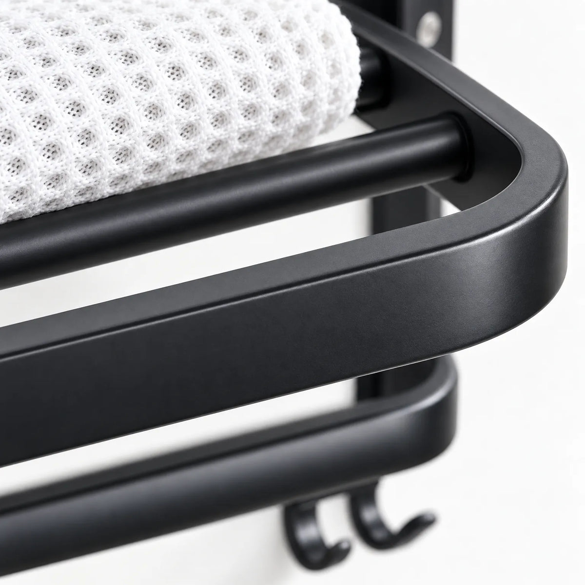 Towel Rack with Folding Shelf Double Bars and Integrated Hanging Hooks