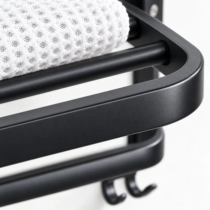 Towel Rack with Folding Shelf Double Bars and Integrated Hanging Hooks