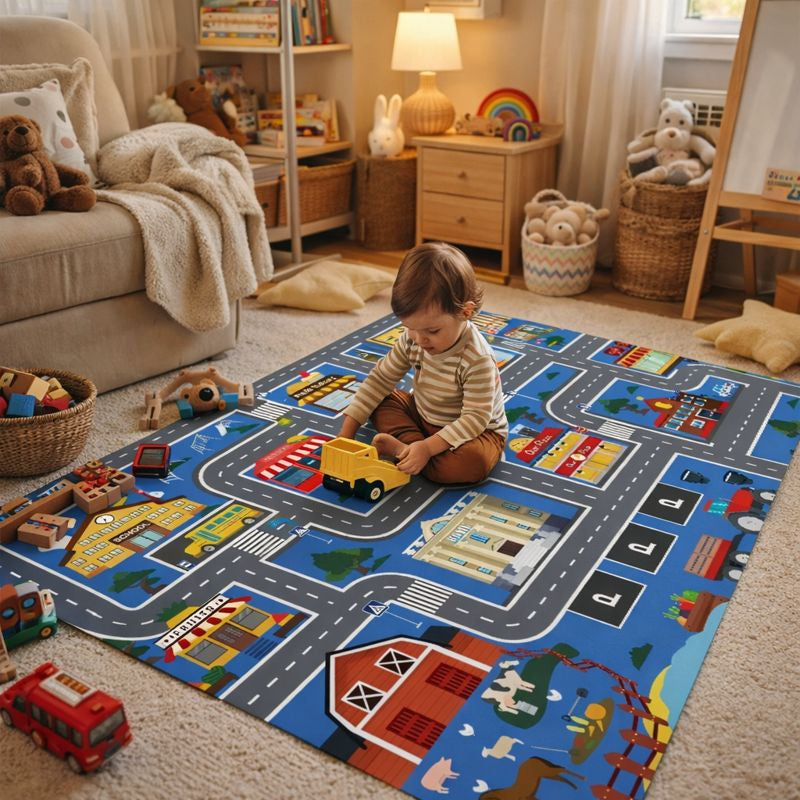Traffic City Road Play Rug for Kids Room and Play Area | Tivaro