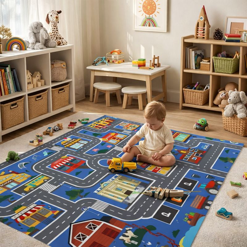Traffic City Road Play Rug for Kids Room and Play Area | Tivaro