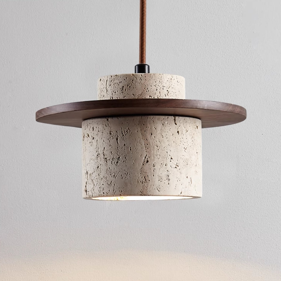 Travertine Japanese Style Pendant Light Wood Accent | Temora