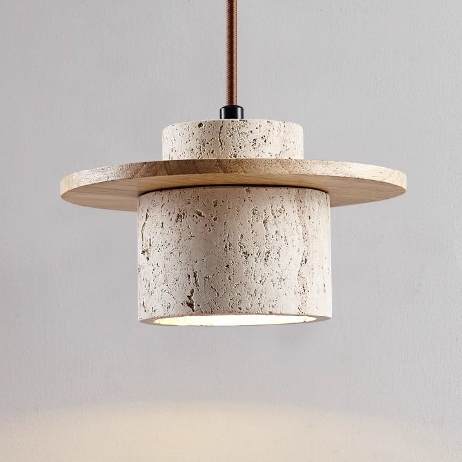 Travertine Japanese Style Pendant Light Wood Accent | Temora