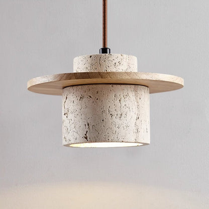 Travertine Japanese Style Pendant Light Wood Accent | Temora