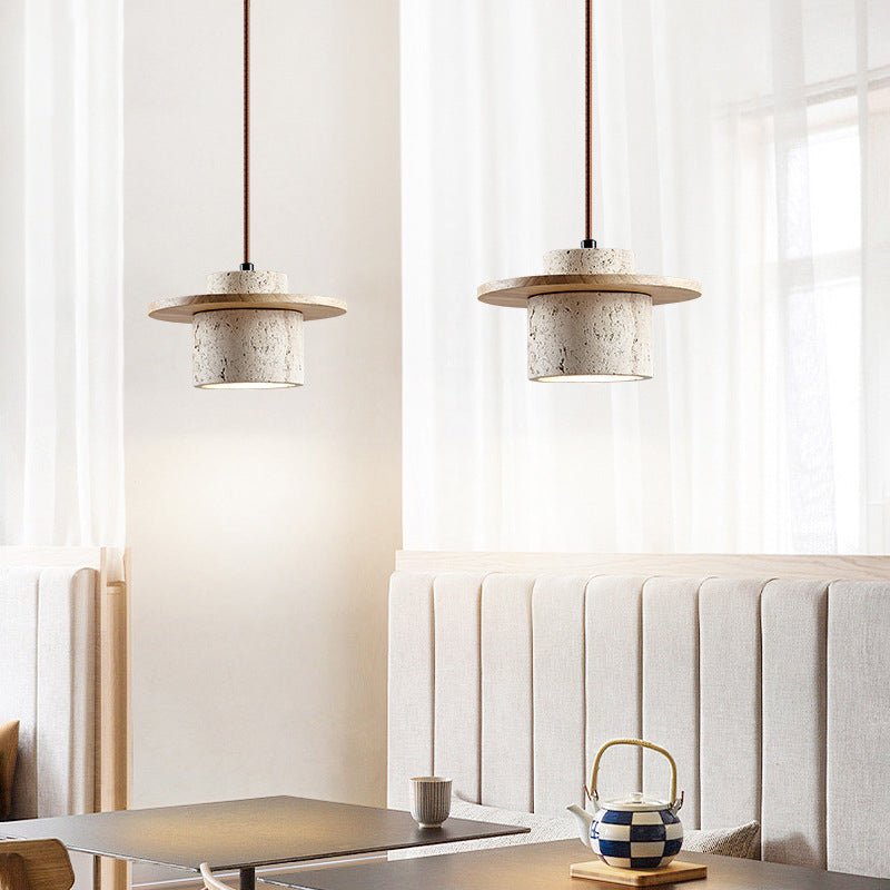 Travertine Japanese Style Pendant Light Wood Accent | Temora