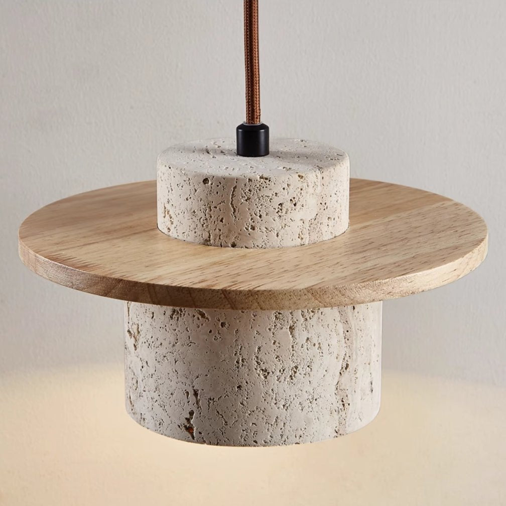 Travertine Japanese Style Pendant Light Wood Accent | Temora