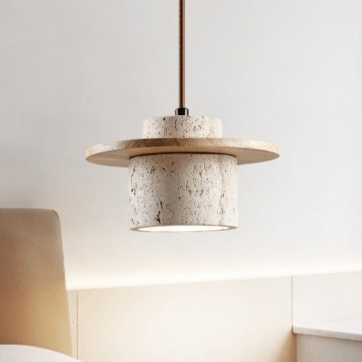Travertine Japanese Style Pendant Light Wood Accent | Temora