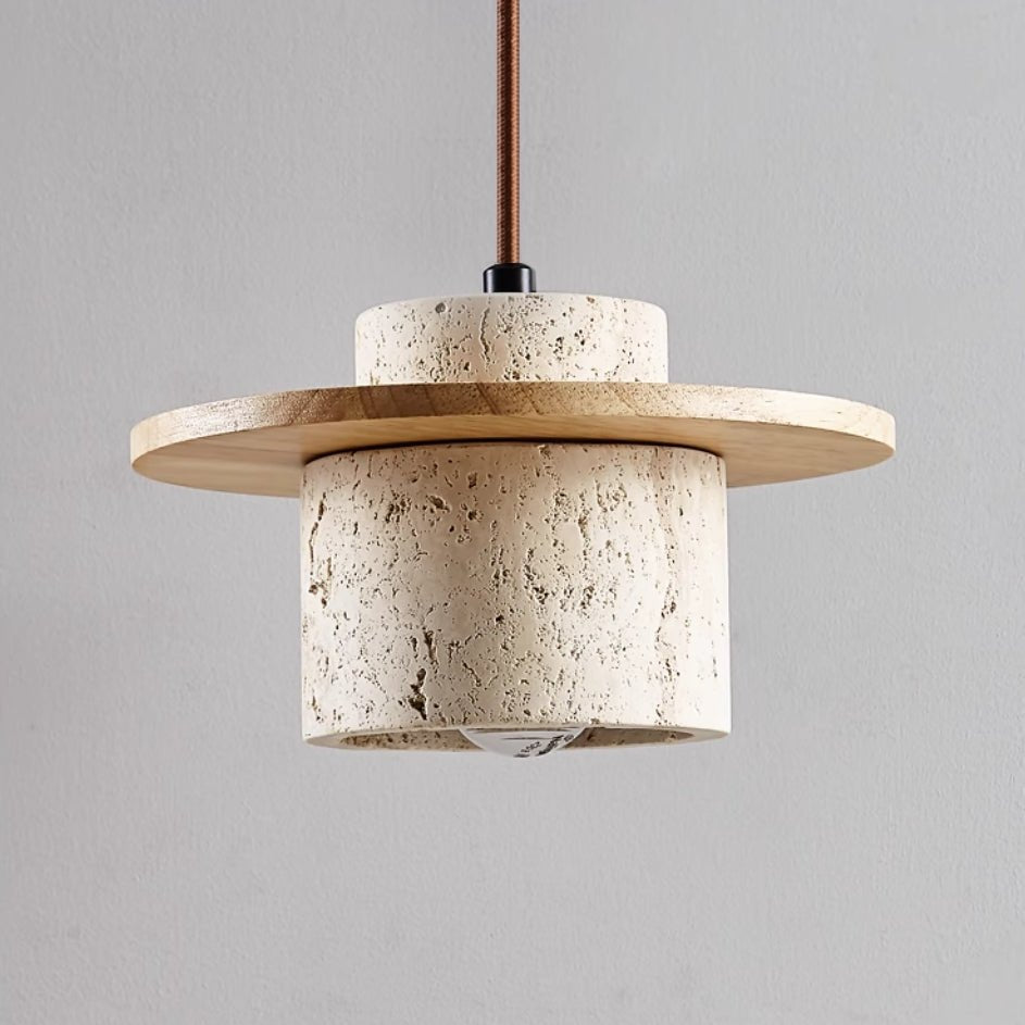 Travertine Japanese Style Pendant Light Wood Accent | Temora